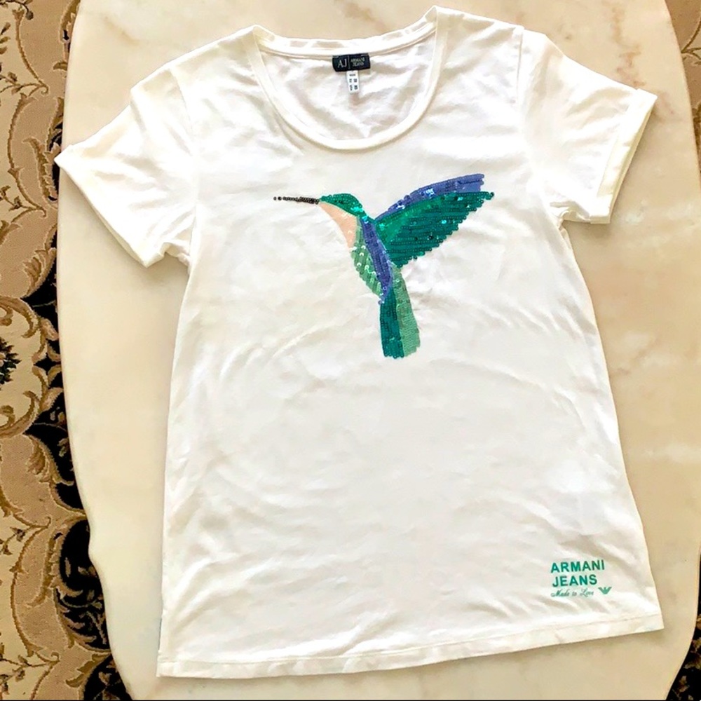 Armani Jeans White Tee with Green & Blue Sequin Hummingbird